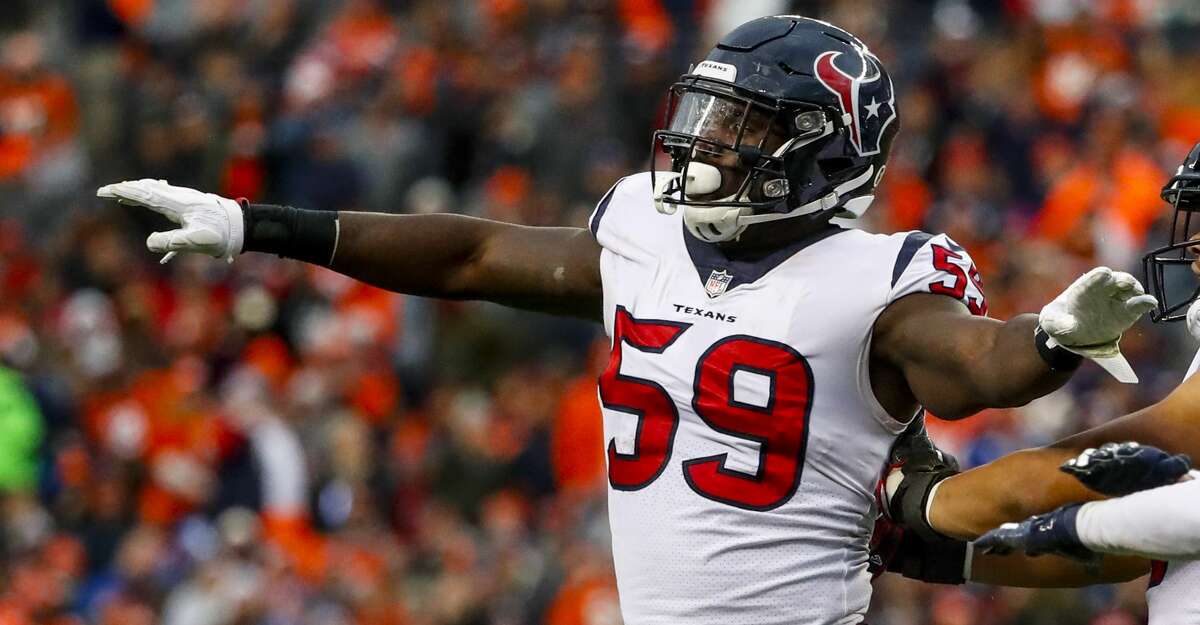 Houston Texans outside linebacker Whitney Mercilus celebrates a tackle against the Denver Broncos during the second half of an NFL football game, Sunday, Nov. 4, 2018, in Denver. (AP Photo/Jack Dempsey)