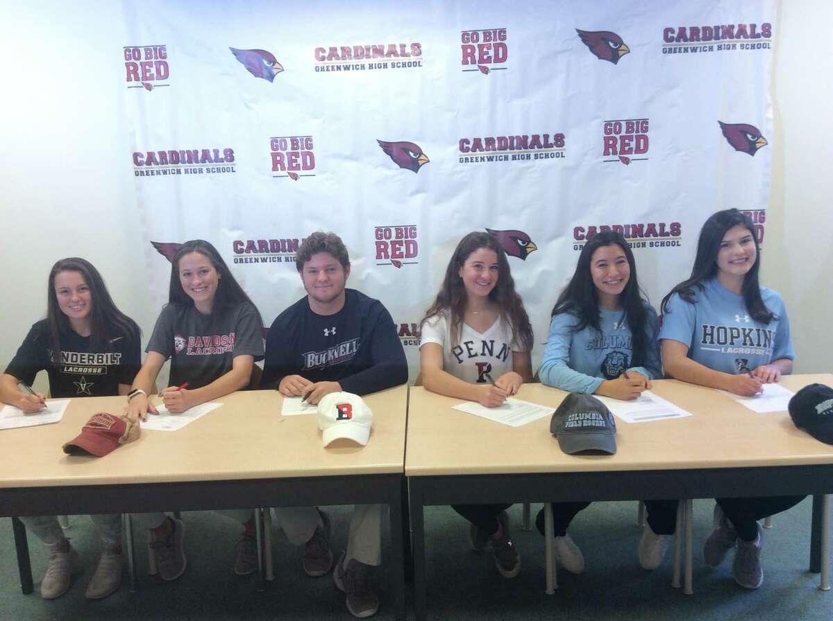 A ceremony was held at Greenwich High School Wednesday morning, recognizing six senior athletes who will continue their respective sports careers at the Division I level in college. Pictured from left to right: Paige Finneran (Vanderbilt lacrosse), Grace Fahey (Davidson lacrosse), Jack Feda (Bucknell lacrosse), Maddie Muldoon (University of Pennsylvania diving), Zoe Metalios (Columbia field hockey) and Olivia Caan (Johns Hopkins lacrosse).