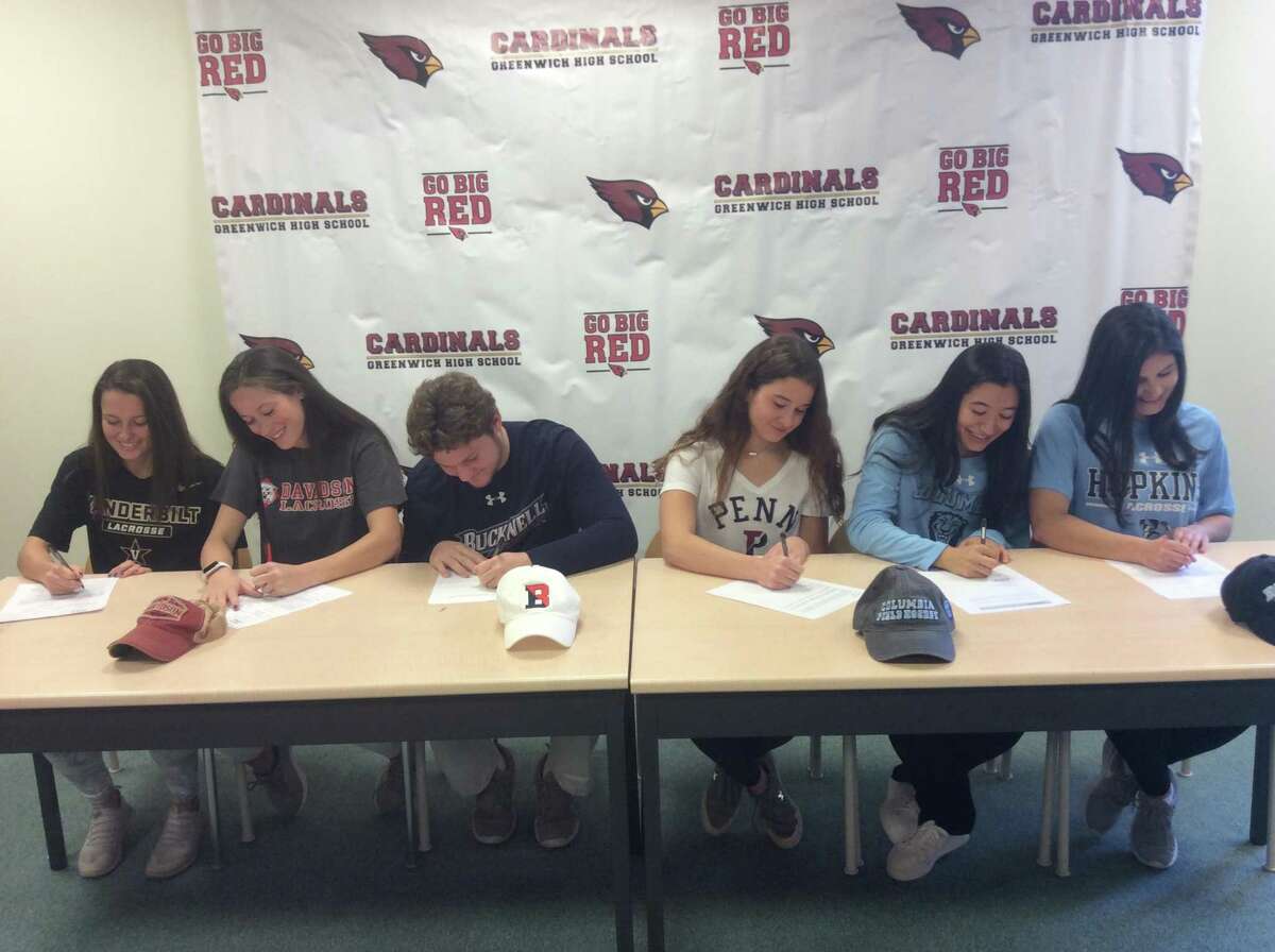 A ceremony was held at Greenwich High School Wednesday morning, recognizing six senior athletes who will continue their respective sports careers at the Division I level in college. Pictured from left to right: Paige Finneran (Vanderbilt lacrosse), Grace Fahey (Davidson lacrosse), Jack Feda (Bucknell lacrosse), Maddie Muldoon (University of Pennsylvania diving), Zoe Metalios (Columbia field hockey) and Olivia Caan (Johns Hopkins lacrosse).