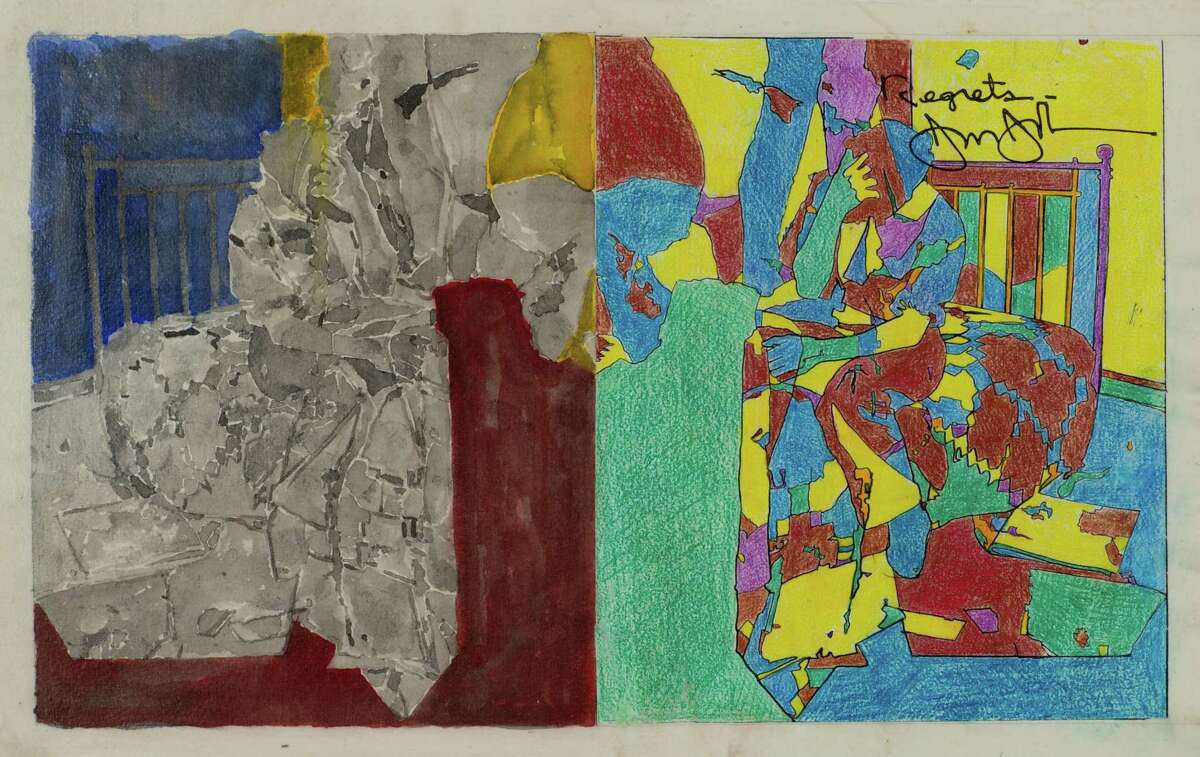 Jasper Johns, “Study for Regrets,” from 2012, incorporates an oft-used image of Lucien Freud sitting on a bed, with his head in his hands, that originated as a photograph by Francis Bacon.