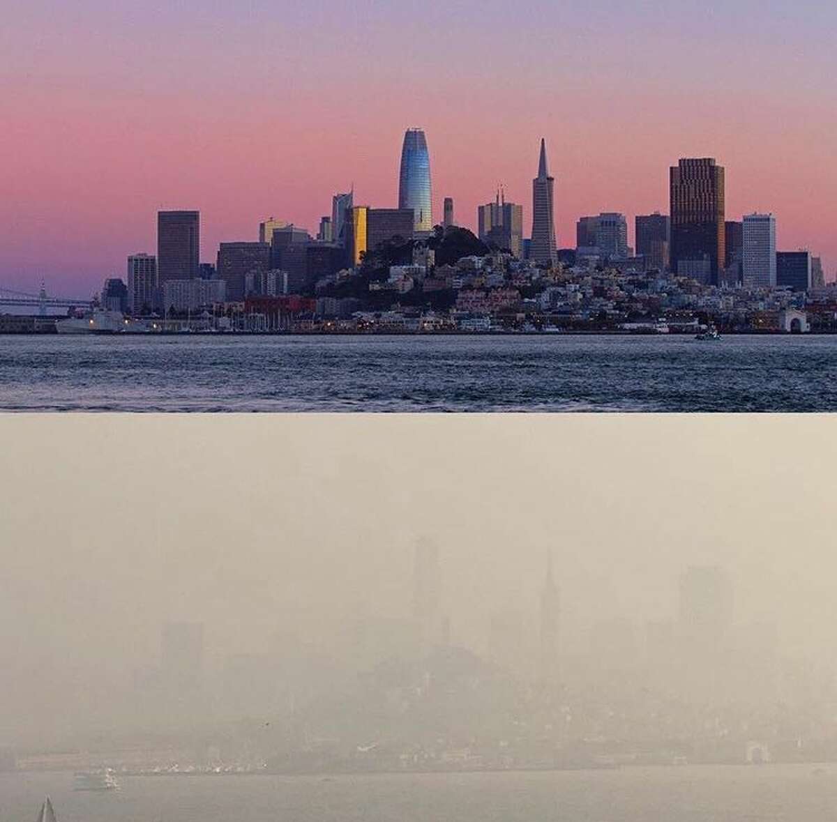 Marc Stokes shared this this combined photograph, taken a week apart, that show how thick the smoke currently is in the SF Bay Area. Unhealthy air conditions persist in the region caused by the smoke from the devastating Camp Fire.