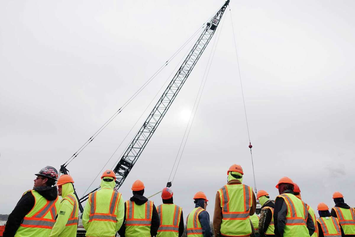 High School students from the Capital Region BOCES Schoharie campus take a tour of the Harrison and Burrowes Bridge Constructors construction site at the Port of Albany on Thursday, Nov. 15, 2018, in Albany, N.Y. (Paul Buckowski/Times Union)