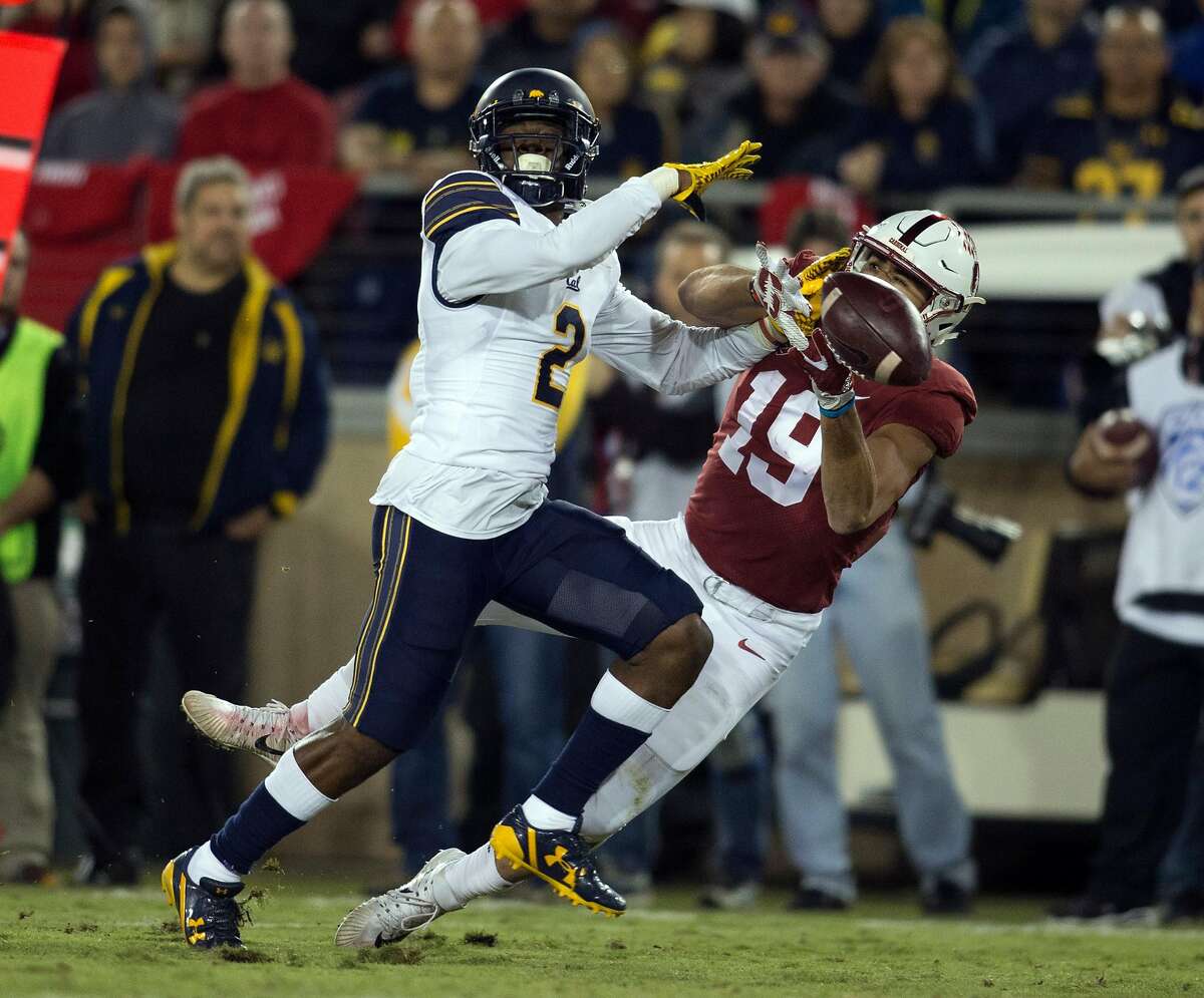 California’s Darius Allensworth (2) knocks a pass away from Stanford’s JJ Arcega-Whiteside (19) during the second quarter the 120th Big Game, Saturday, Nov. 18, 2017 in Stanford, Calif. Allensworth was called for pass interference on the play, setting Stanford up for a first down inside the 20 yard line.