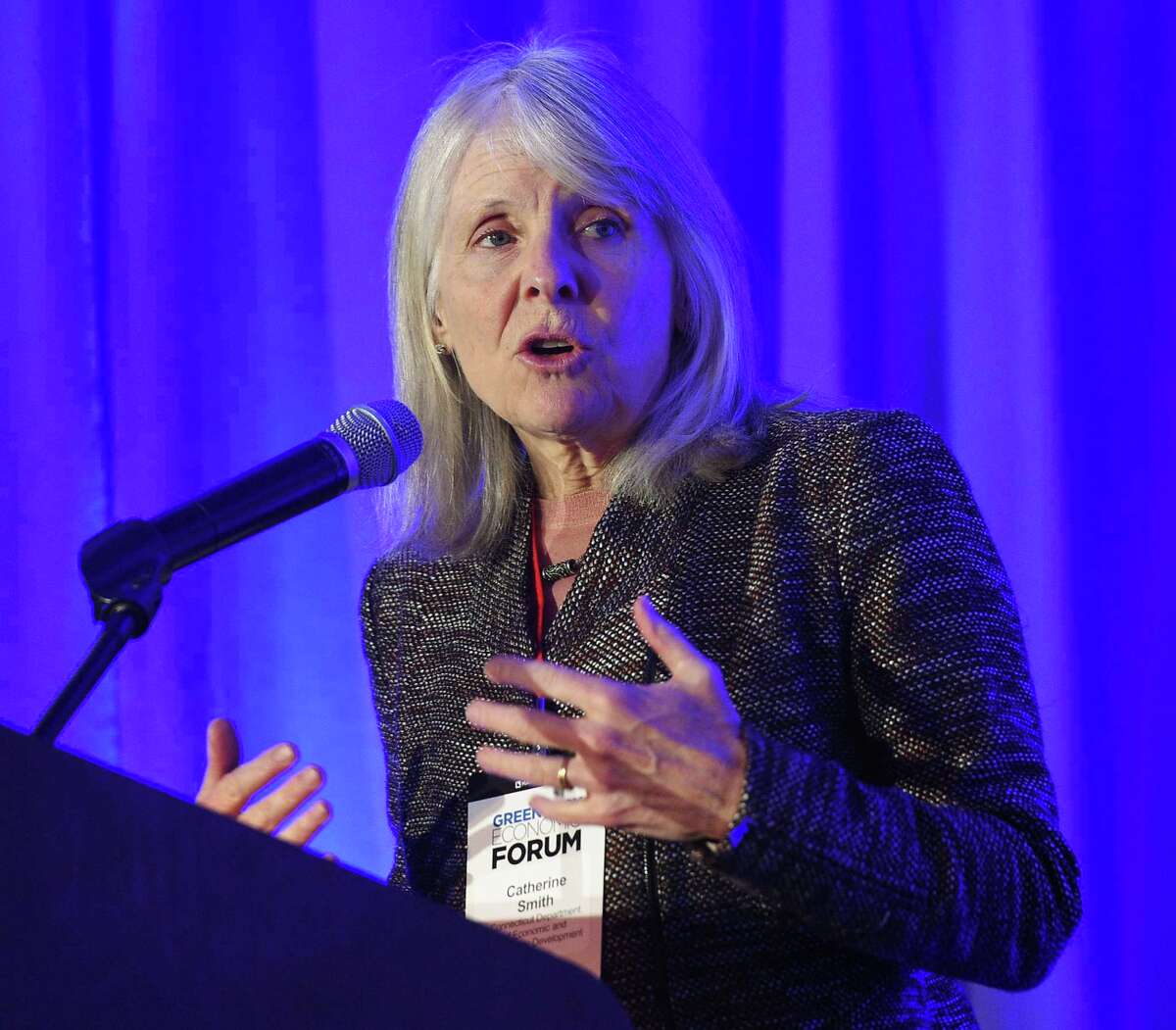 Catherine Smith, commissioner of the Connecticut Department of Economic and Community Development, speaks at the inaugural Greenwich Economic Forum investment conference, at the Delamar Greenwich Harbor, in Greenwich, Conn., on Thursday, Nov. 15, 2018.