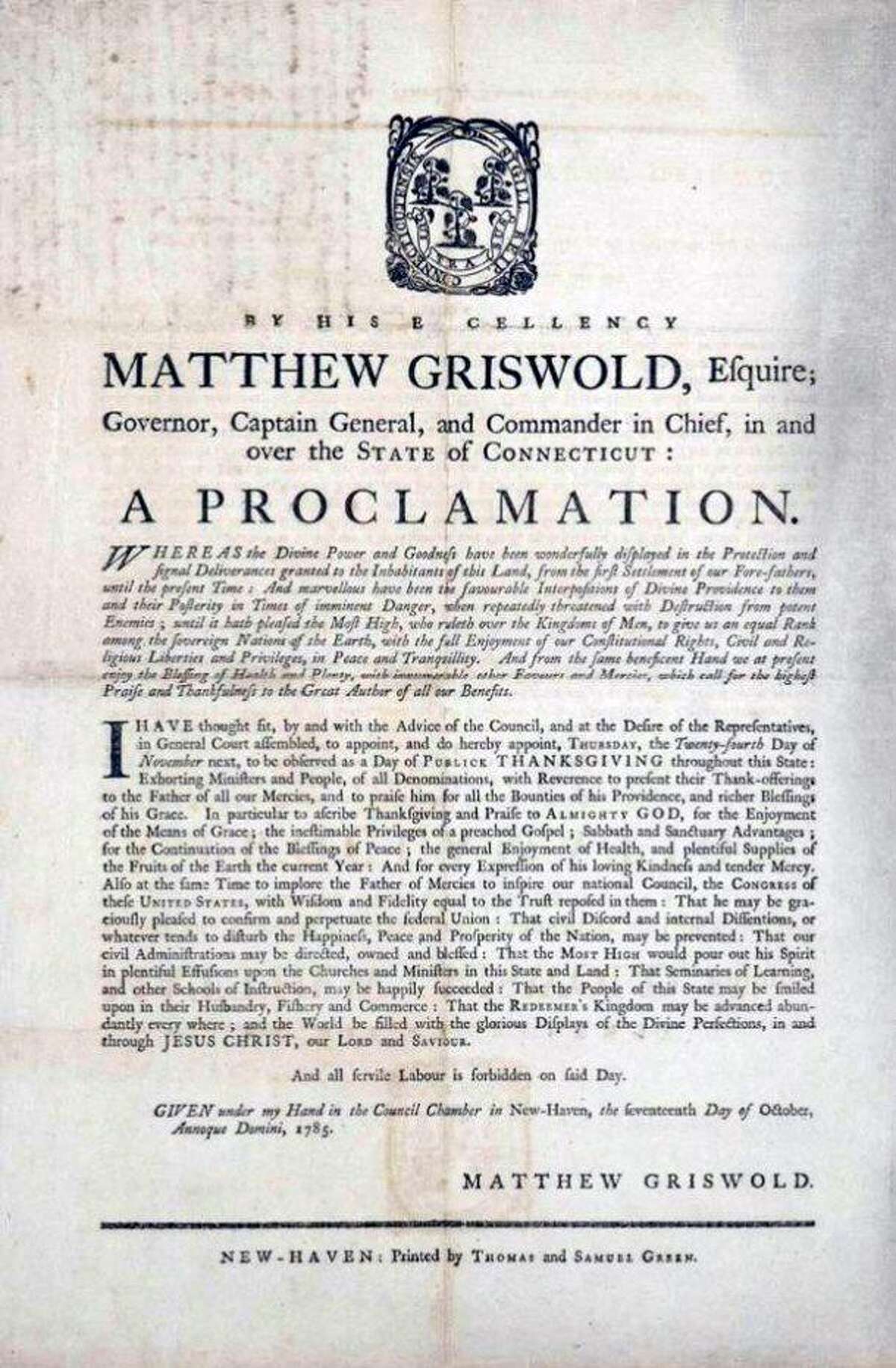 Thanksgiving Proclamation by Connecticut governor Matthew Griswold issued in 1785.