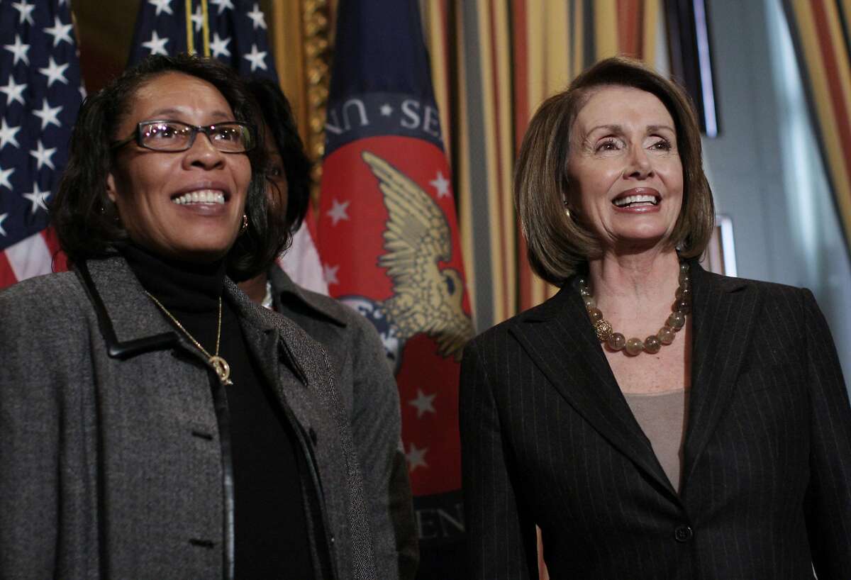 House Speaker Nancy Pelosi of Calif., right, stands with Rep. Marcia Fudge, D-Ohio, before a ceremonial swearing-in ceremony on Capitol Hill in Washington, Wednesday, Nov. 19, 2008. Rep. Fudge replaced Rep. Stephanie Tubbs Jones who passed away in August. (AP Photo/Lauren Victoria Burke)