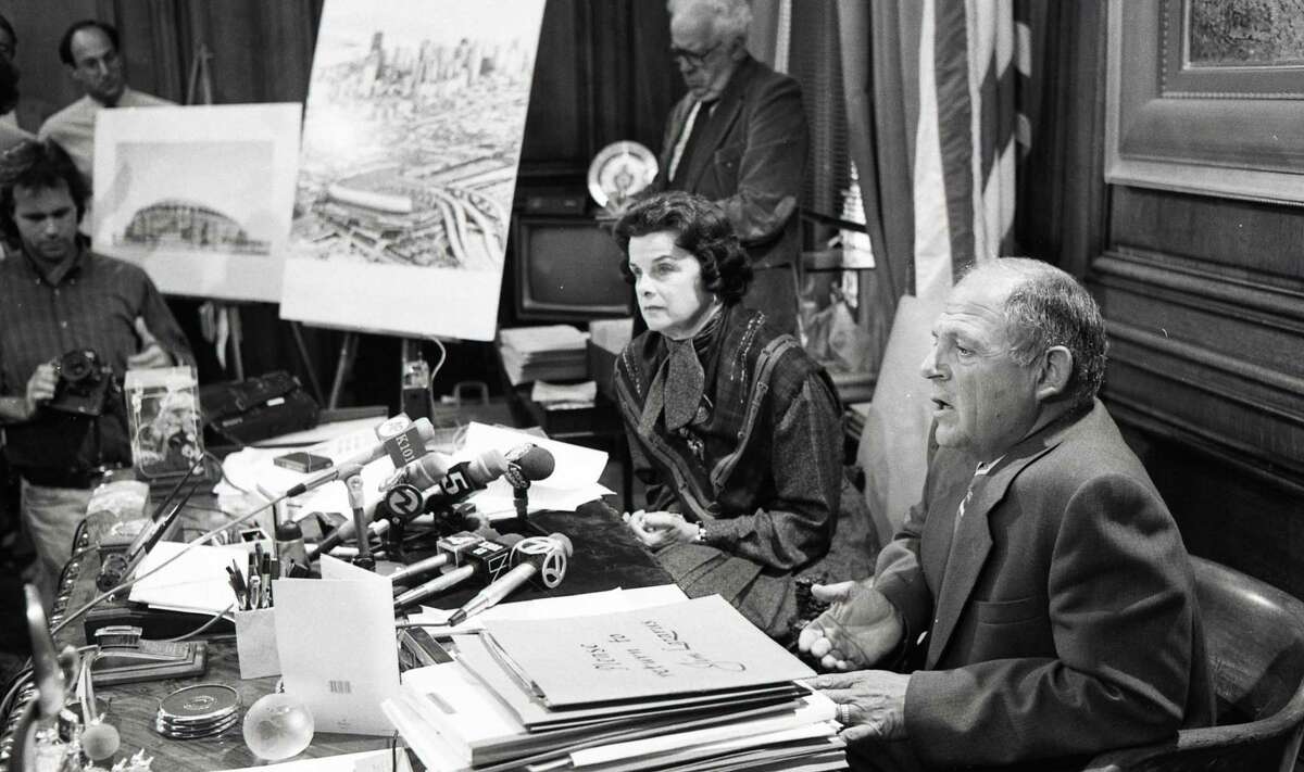 Aug. 5, 1987: Dianne Feinstein and Bob Lurie show off a new downtown San Francisco stadium design at a press conference at City Hall.