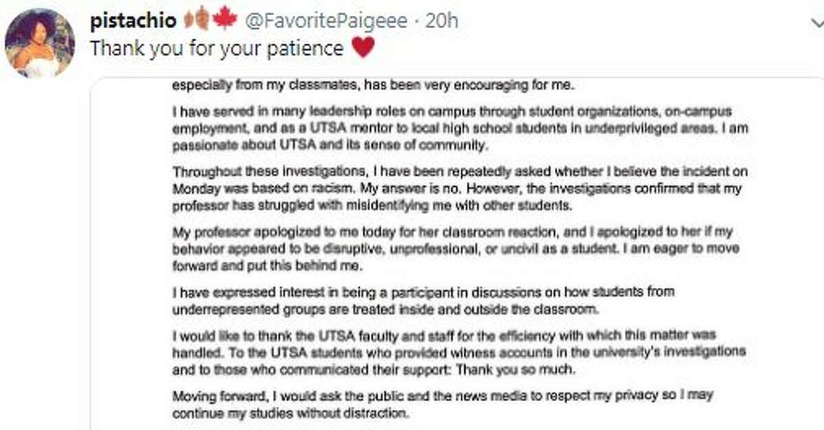 The University of Texas at San Antonio student whose ouster from a lecture hall Monday at her professor’s behest triggered soul-searching and debate over the school’s attention to inclusivity said she exchanged apologies with the professor Thursday.