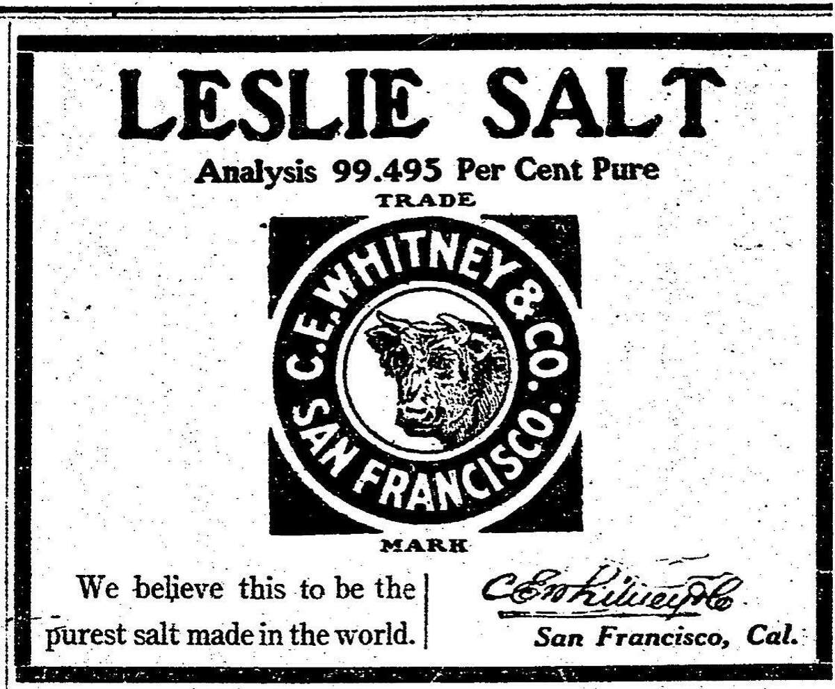 莱斯利盐业公司1908年10月13日的纪事广告他们声称他们的盐是世界上最纯净的盐