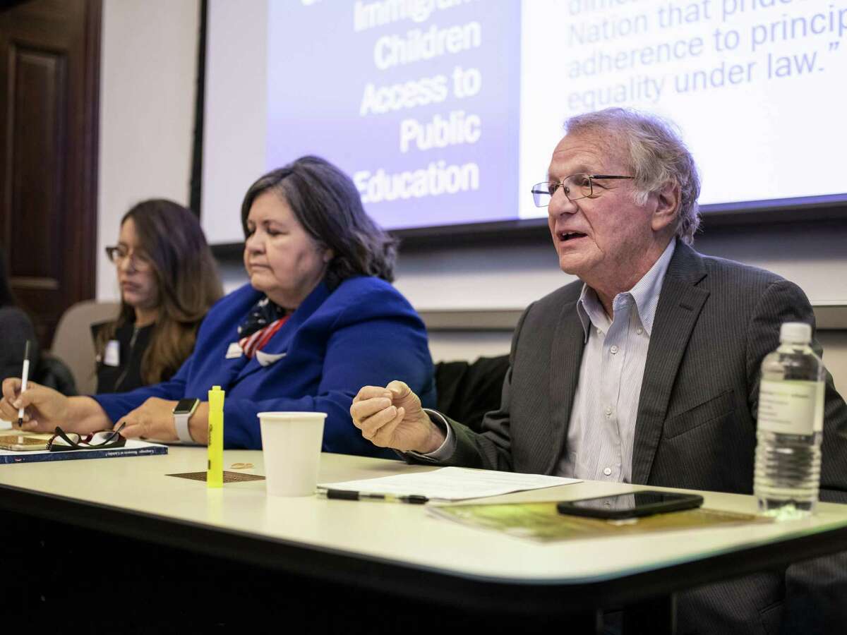 Albert Kauffman, professor of Law at St. Mary's University and former Mexican American Legal Defense and Educational Fund counsel, right, speaks during a panel discussion along with Norma Cant, professor at The University of Texas at Austin and former U.S. Assistant Secretary of Education for Civil Rights, second right, and Celina Moreno, JD, with the Mexican American Legal Defense and Educational Fund, at Our Lady of the Lake University during a conference celebrating 50 years since the 1968 U.S. Commission on Civil Rights hearing at the school, on Nov. 16.
