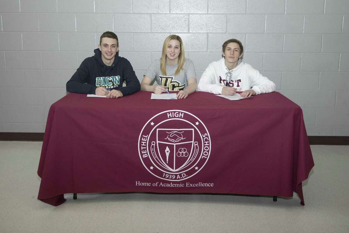 Three Bethel High students signed national letters of intent earlier this week: Tim Joyce (UNC-Wilmington, swimming), Gabby Kahn (University of Central Florida, crew) and Nick Meier (Post, lacrosse).