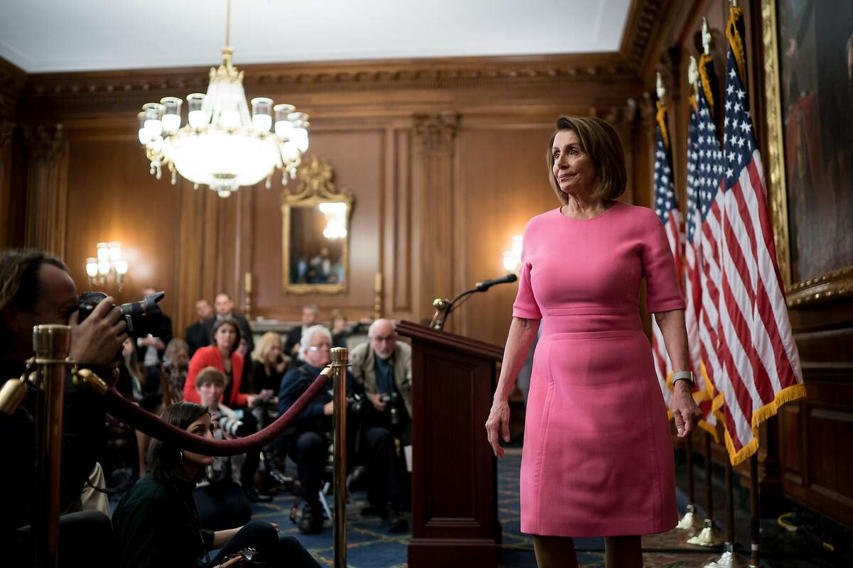 House Minority Leader Nancy Pelosi (D-Calif.) holds a news conference the day after the midterm elections on Capitol Hill in Washington, Nov. 7, 2018. As Pelosi moves to line up the votes to resume her speakership of the House, she secured an unlikely endorsement from President Trump, who may relish the chance to spar with her over the next two years. (Sarah Silbiger/The New York Times)