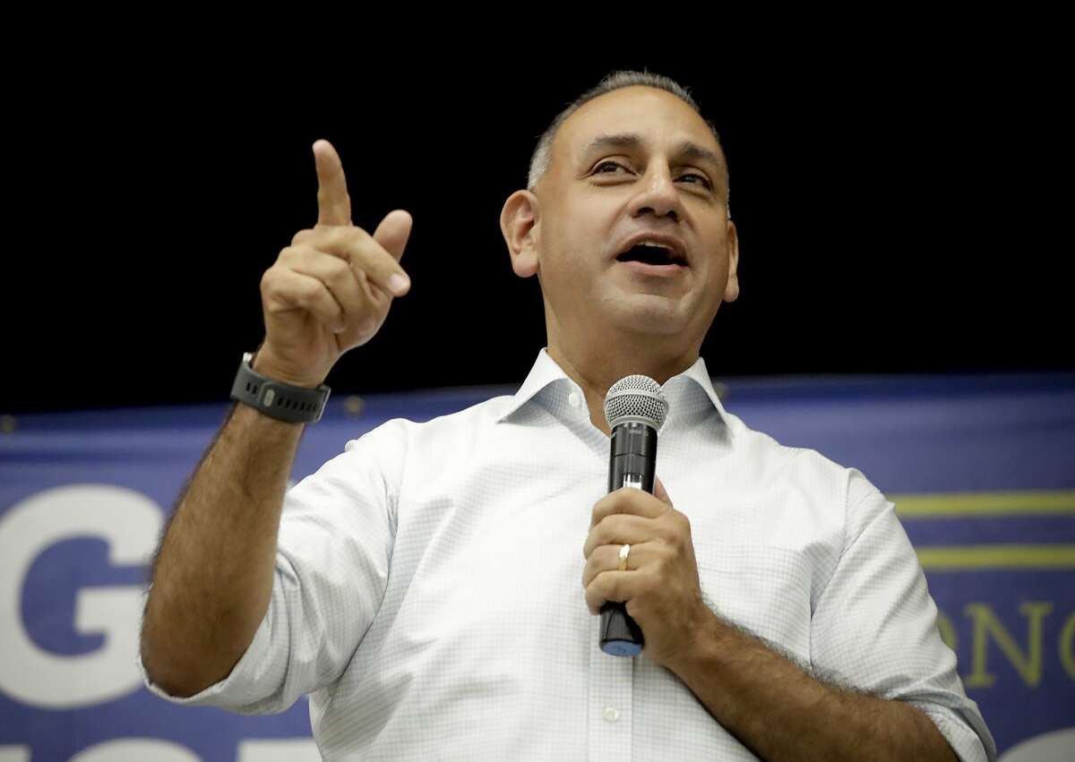 FILE - In this Monday, Nov. 5, 2018 file photo, Gil Cisneros, a Democratic candidate who is running for a U.S. House seat in California's 39th District, speaks during a campaign stop in Buena Park, Calif. Cisneros captured a Republican-held U.S. House seat in Southern California on Saturday, Nov. 17, 2018, capping a Democratic rout in which the party picked up six congressional seats in the state. Cisneros had been in a tight battle with Republican Young Kim for the seat held by retiring Republican Rep. Ed Royce. (AP Photo/Chris Carlson, File)