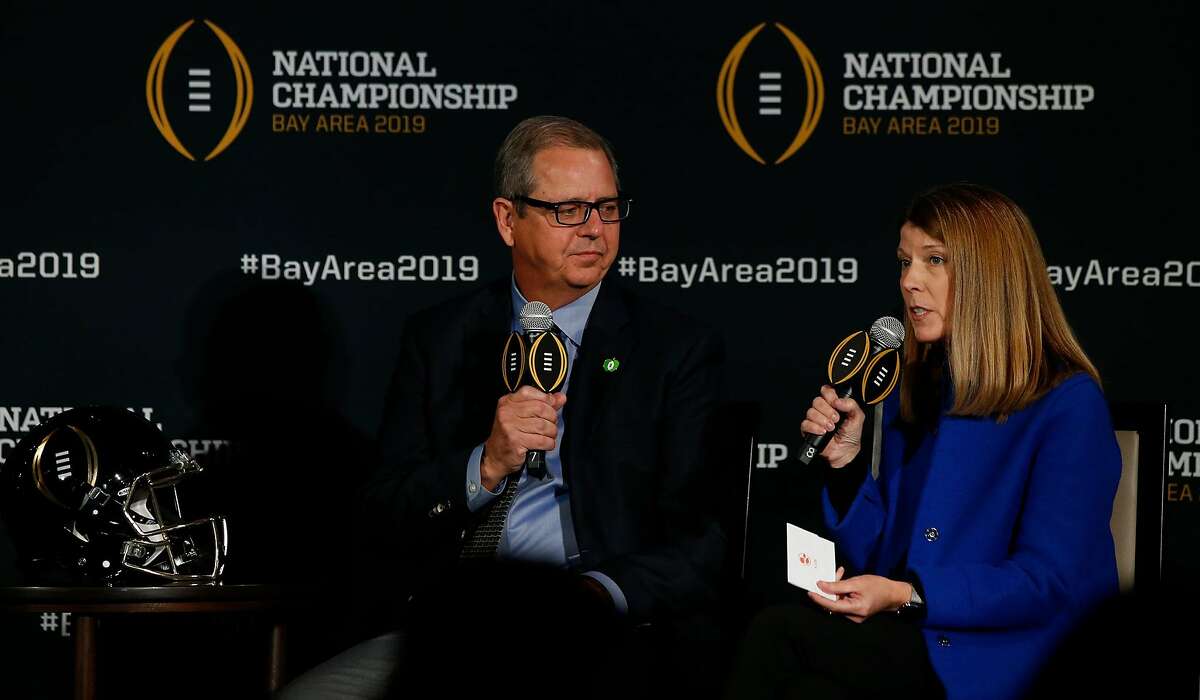 Director of College Football Foundation, Britton Banowsky and Executive Director, Bay Area Host Committee, Patricia Ernstrom, speak to the media during during the College Football Playoff Championship press conference at Levi's Stadium, Santa Clara, Calif., on Nov. 14, 2018. (Josie Lepe/Special to the Chronicle)