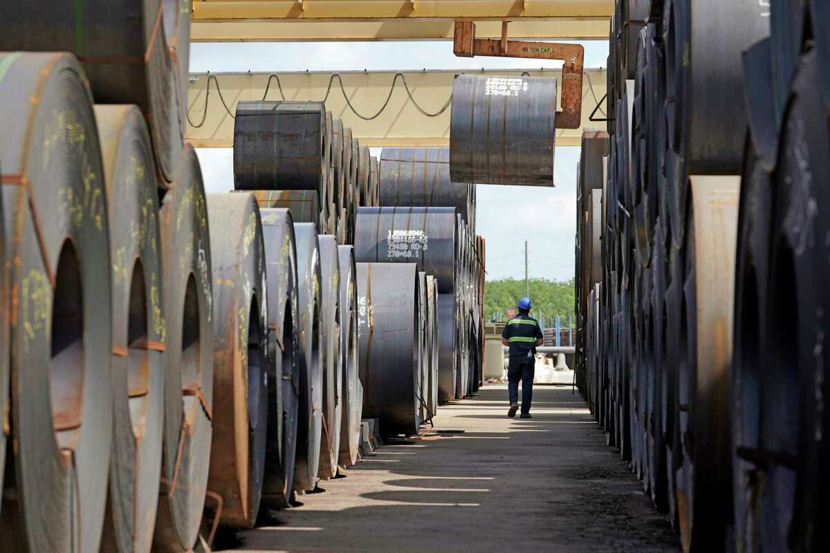 A roll of steel is moved at a manufacturing facility in Baytown, Texas.