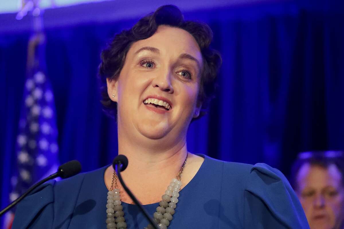 FILE - In this Tuesday, Nov. 6, 2018 file photo, Democratic congressional candidate Katie Porter speaks during an election night event in Tustin, Calif. Republican U.S. Rep. Mimi Walters was defeated Thursday, Nov. 15, 2018, in the heart of Orange County, once a nationally known Republican stronghold. With Walters' loss to newcomer Porter, Democrats will hold a 44-9 edge in U.S. House seats, with another Orange County GOP seat in peril. (AP Photo/Chris Carlson, File)