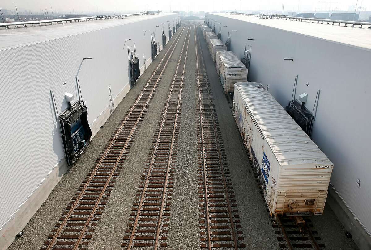 Refrigerated railcars are lined up to unload frozen meat for export at the Lineage Cool Port Oakland temperature controlled distribution center at the Port of Oakland in Oakland, Calif. on Tuesday, Nov. 20, 2018. Up to one million tons of meat and other perishable products destined for overseas markets annually will be transferred from railcars and truck trailers to refrigerated containers at the 280,000 sq. ft. facility jointly operated by Lineage Logistics and Dreisbach Enterprises.