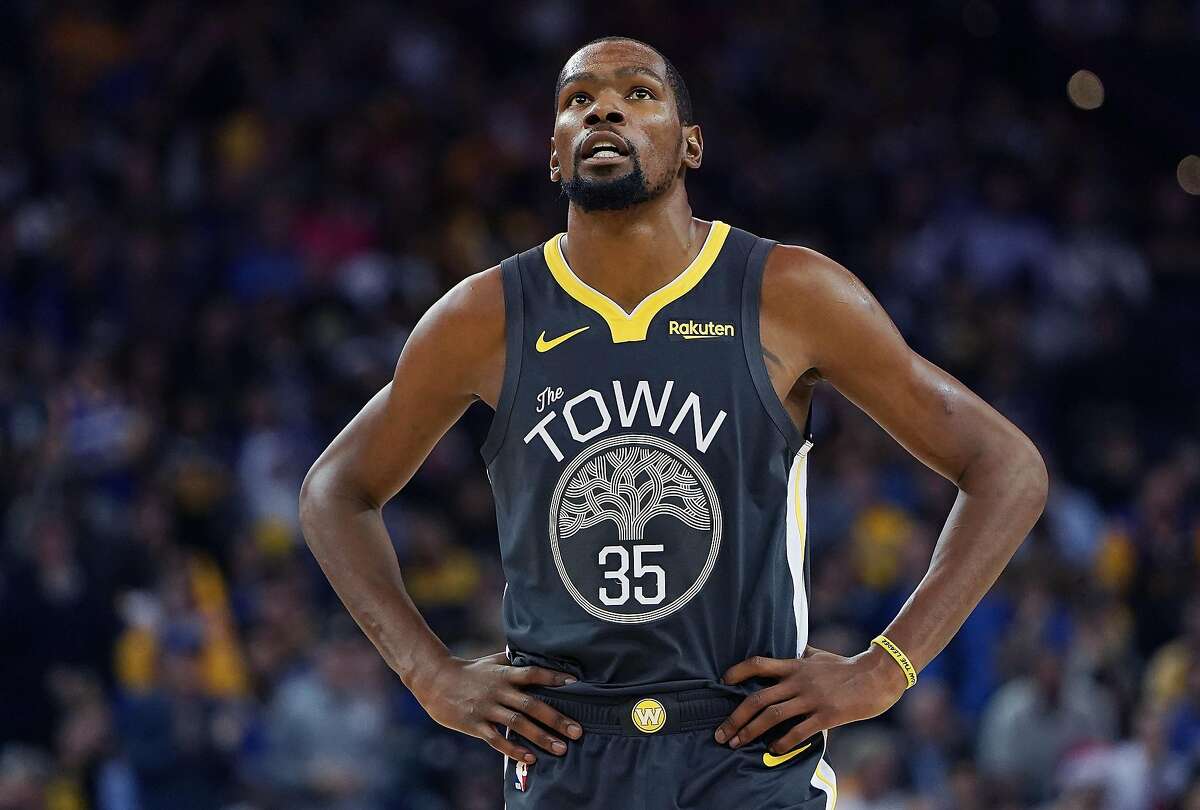 OAKLAND, CA - OCTOBER 31: Kevin Durant #35 of the Golden State Warriors looks on against the New Orleans Pelicans during an NBA basketball game at ORACLE Arena on October 31, 2018 in Oakland, California. NOTE TO USER: User expressly acknowledges and agre