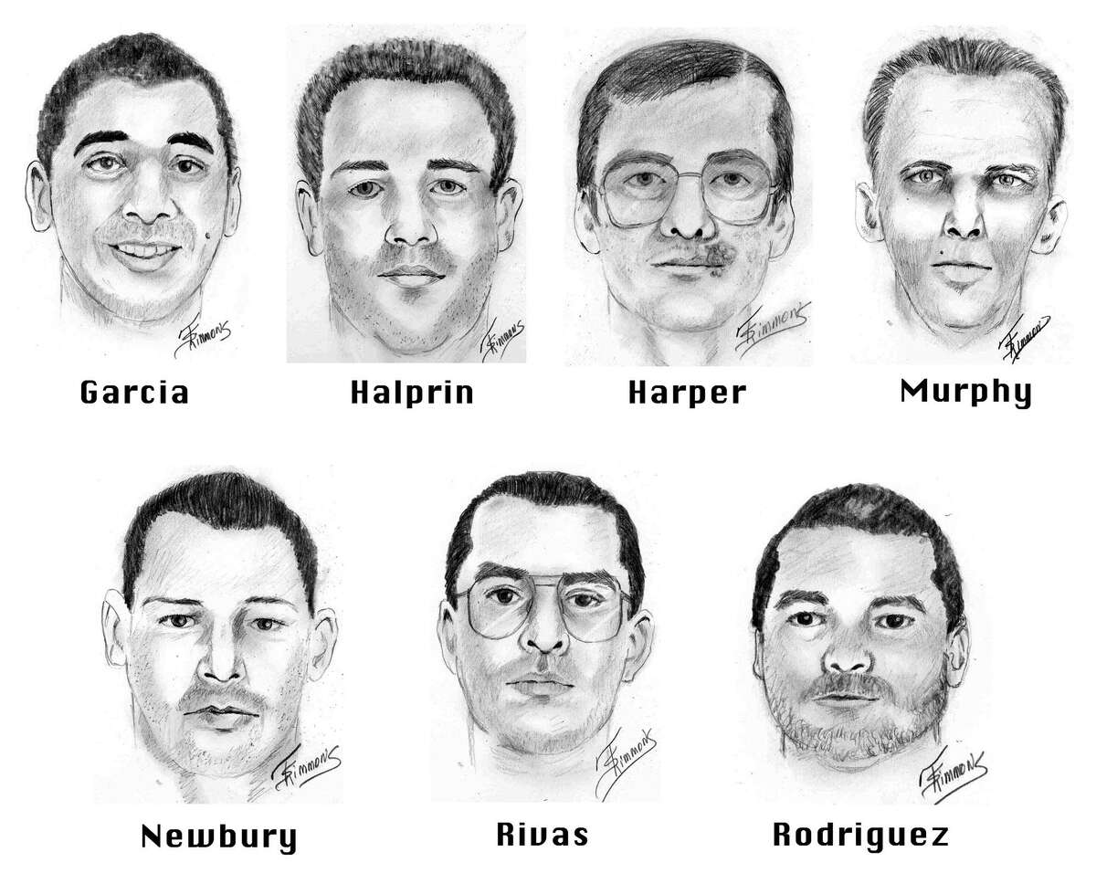 Prison inmates Joseph Garcia, Randy Halprin, Larry Harper, Patrick Murphy Jr., Donald Newbury, George Rivas, and Michael Rodriguez, seen in these 2001 artist sketches, escaped Dec. 13, 2000, from a prison near Kenedy in South Texas. Capital murder charges were filed against all seven convicts in the Dec. 24, 2000 killing of Irving Police Officer Aubrey Hawkins, 29, during a sporting goods store robbery.