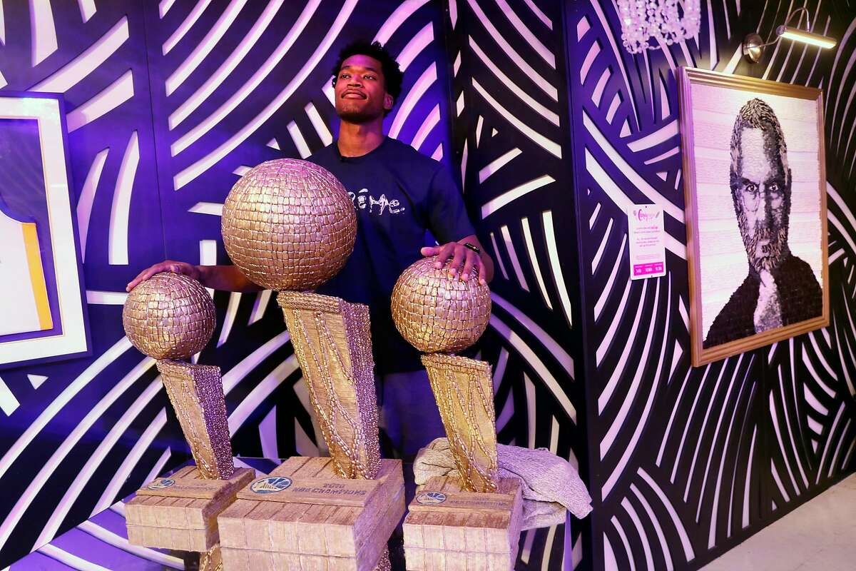 Golden State Warriors' Damian Jones at pop-up museum, Candytopia, on National Candy Day in San Francisco, Calif.. on Sunday, November 4, 2018.