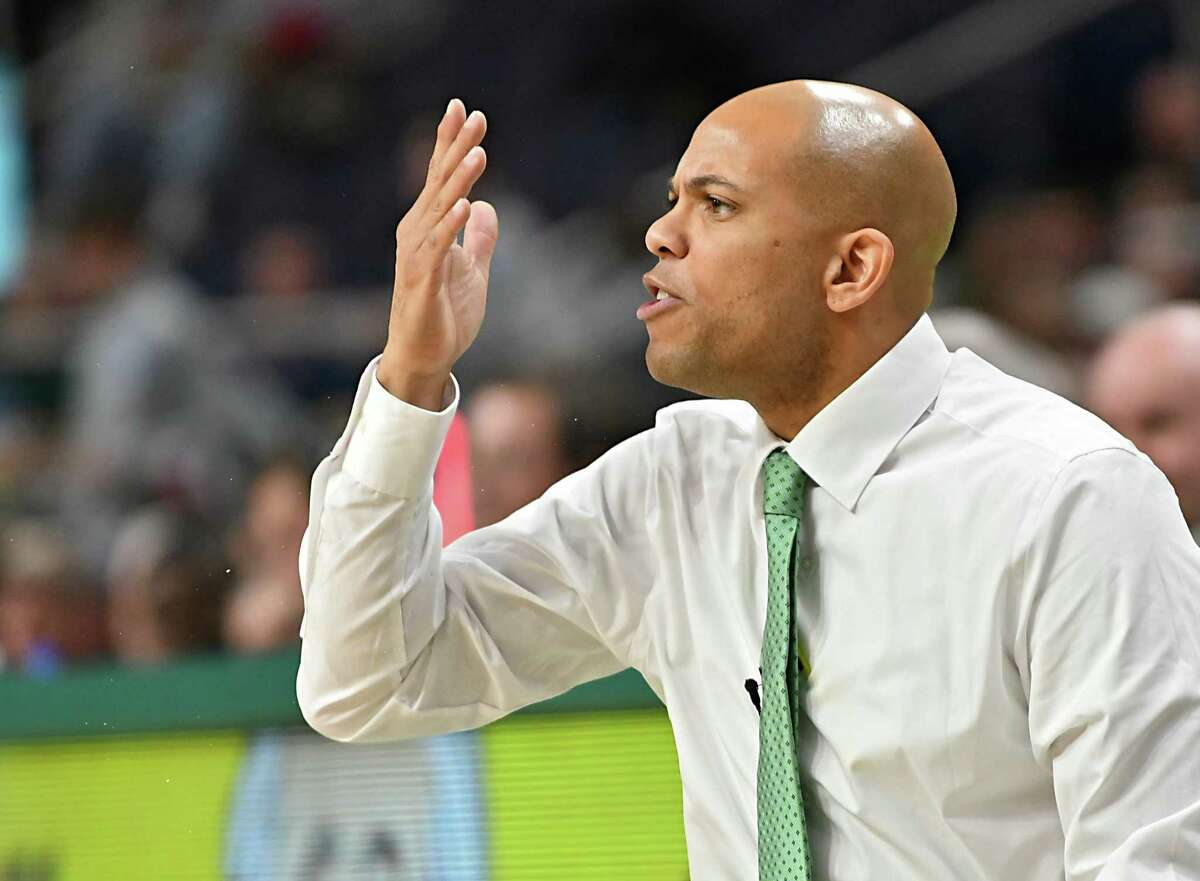 Siena's new head coach Jamion Christian communicates to his players during a basketball game against Lehigh at the Times Union Center on Wednesday, Nov. 21, 2018 in Albany N.Y. (Lori Van Buren/Times Union)