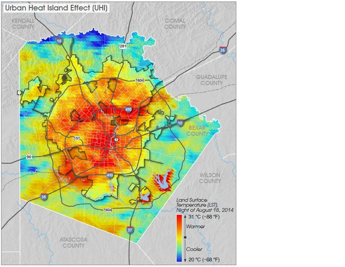 This color-coded “urban heat island effect” map, created for the city of San Antonio, using a NASA satellite image taken on a summer night, shows areas where the most warmth typically radiates at night from buildings, vehicles and other heat-emitting sources. Without mitigation, the city’s 100+ degree days will certainly increase.