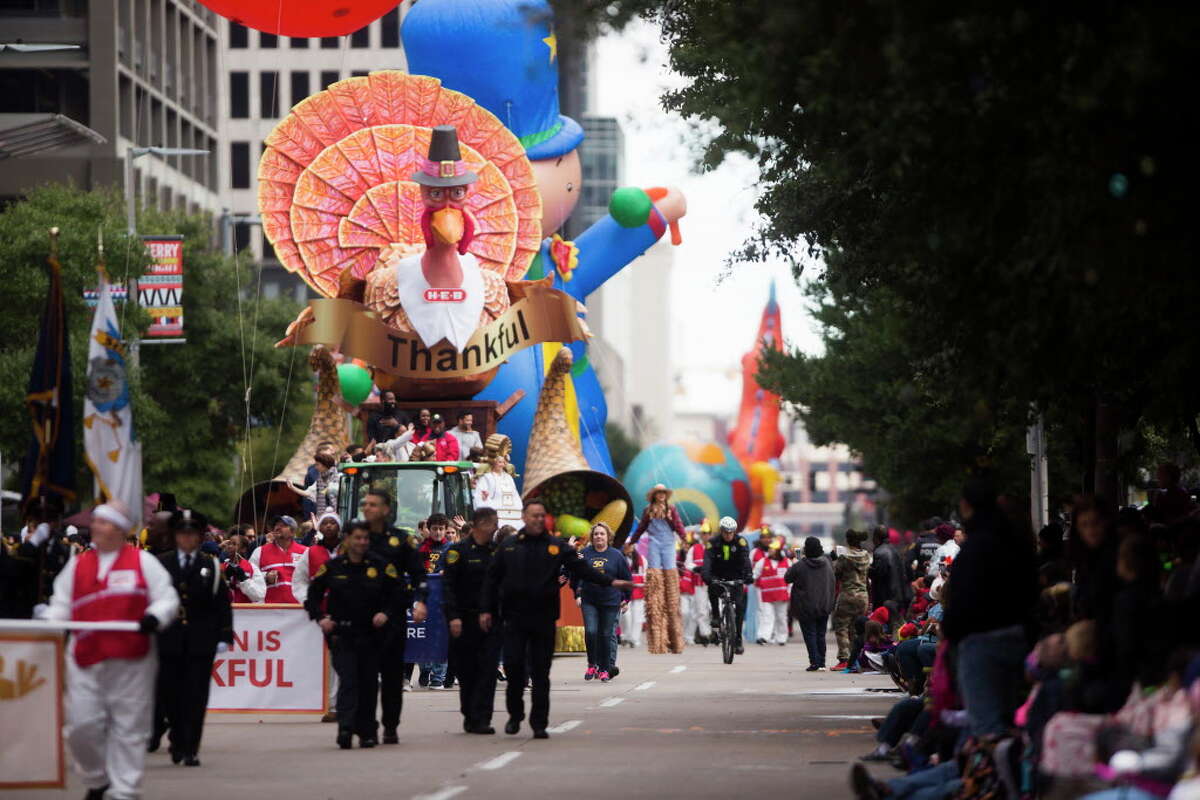 The H-E-B Tom Turkey float participates on the H-E-B Thanksgiving Day Parade with the parade Grand Marshalls James Harden and Jose Altuve on it, Thursday, Nov. 22, 2018, in Houston.