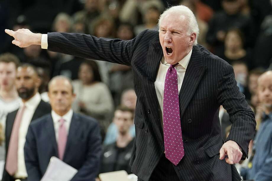 San Antonio Spurs coach Gregg Popovich yells to his players during the second half of an NBA basketball game against the Memphis Grizzlies, Wednesday, Nov. 21, 2018, in San Antonio. Memphis won 104-103. (AP Photo/Darren Abate) Photo: Darren Abate, Associated Press