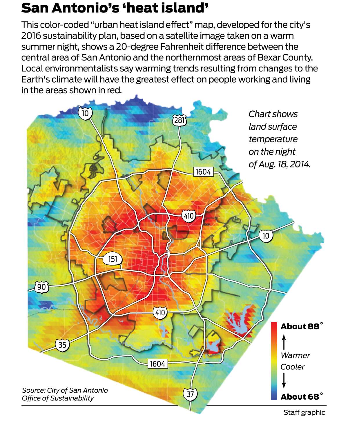 This color-coded "urban heat island effect" map, created for the city of San Antonio, using a NASA satellite image taken on a summer night, shows areas where the most warmth typically radiates at night from buildings, vehicles and other heat-emitting sources. Areas in red are expected to be the ones most affected by global warming trends.