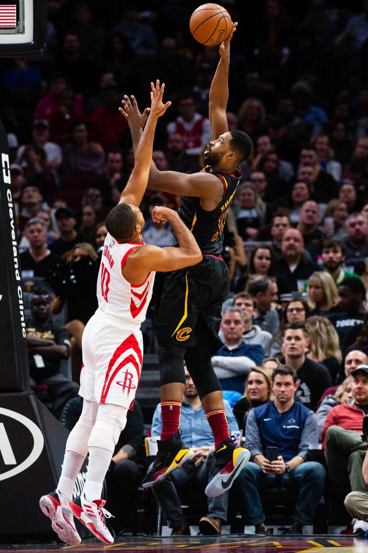 CLEVELAND, OH - NOVEMBER 24: Tristan Thompson #13 of the Cleveland Cavaliers shoots over Eric Gordon #10 of the Houston Rockets during the first half at Quicken Loans Arena on November 24, 2018 in Cleveland, Ohio. NOTE TO USER: User expressly acknowledges and agrees that, by downloading and/or using this photograph, user is consenting to the terms and conditions of the Getty Images License Agreement. (Photo by Jason Miller/Getty Images)