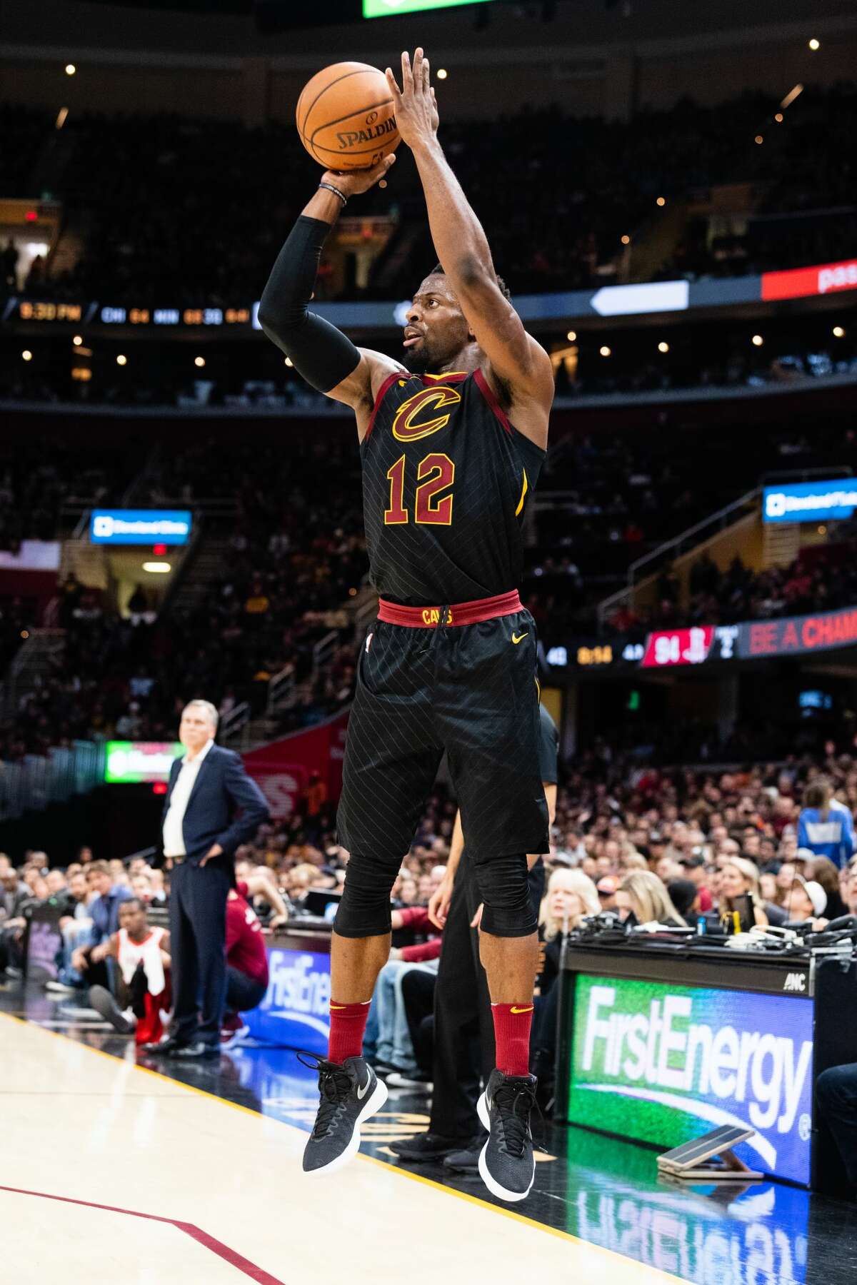CLEVELAND, OH - NOVEMBER 24: David Nwaba #12 of the Cleveland Cavaliers shoots during the second half against the Houston Rockets at Quicken Loans Arena on November 24, 2018 in Cleveland, Ohio. The Cavaliers defeated the Rockets 117-108. NOTE TO USER: User expressly acknowledges and agrees that, by downloading and/or using this photograph, user is consenting to the terms and conditions of the Getty Images License Agreement. (Photo by Jason Miller/Getty Images)