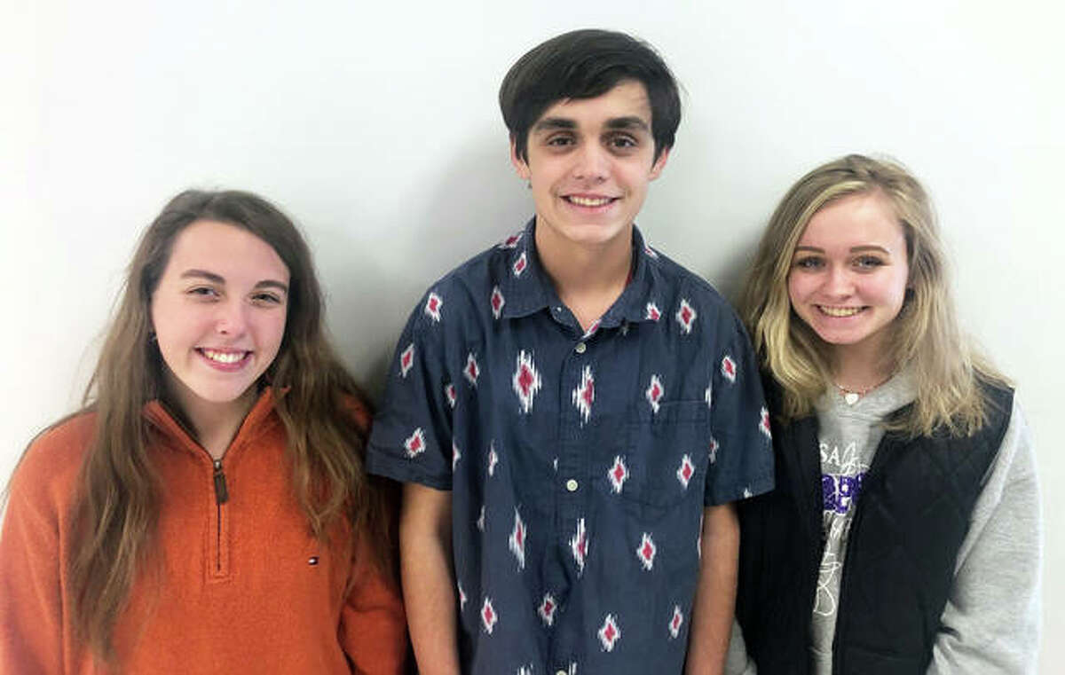 Anna Bruss, left, River Johnson, center, and Leta DeBardeleben, EHS Drama Club students, pose ahead of the EHS Christmas Play entitled “Parker’s No Present Problem.” The Christmas show is at 2 p.m. on Dec. 8 in the EHS auditorium and is written, produced, and directed entirely by the EHS students.