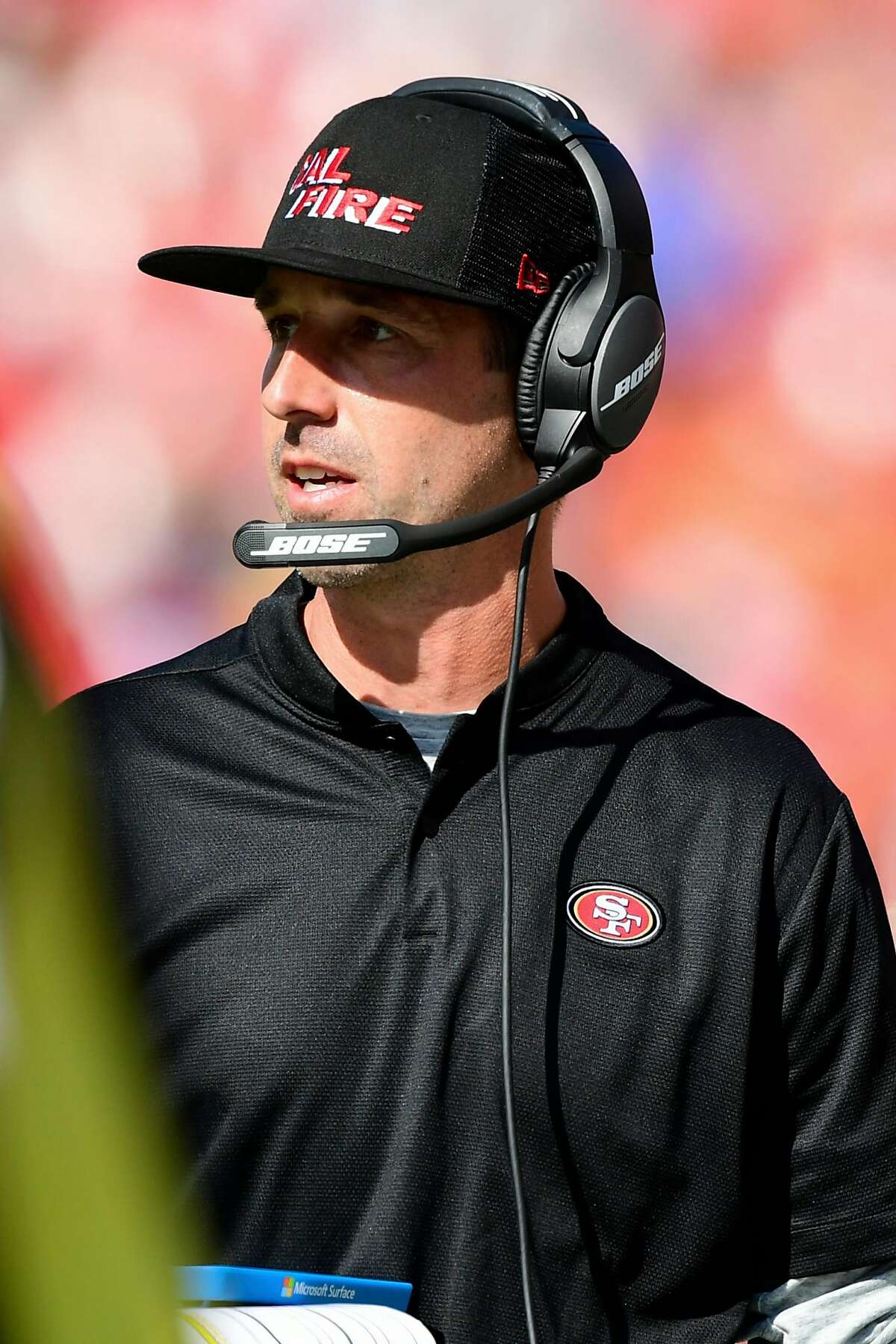 TAMPA, FLORIDA - NOVEMBER 25: Head coach Kyle Shanahan of the San Francisco 49ers calls a play from the sidelines during the second first quarter against the Tampa Bay Buccaneers at Raymond James Stadium on November 25, 2018 in Tampa, Florida. (Photo by Julio Aguilar/Getty Images)