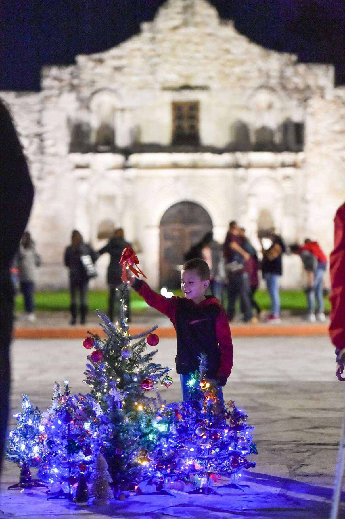 Diego Soto looks at the small tree's that were place in Alamo Plaza Sunday evening to wage a protest against moving the city's official Christmas tree to Travis Park prior to the 2017 lighting of the tree.