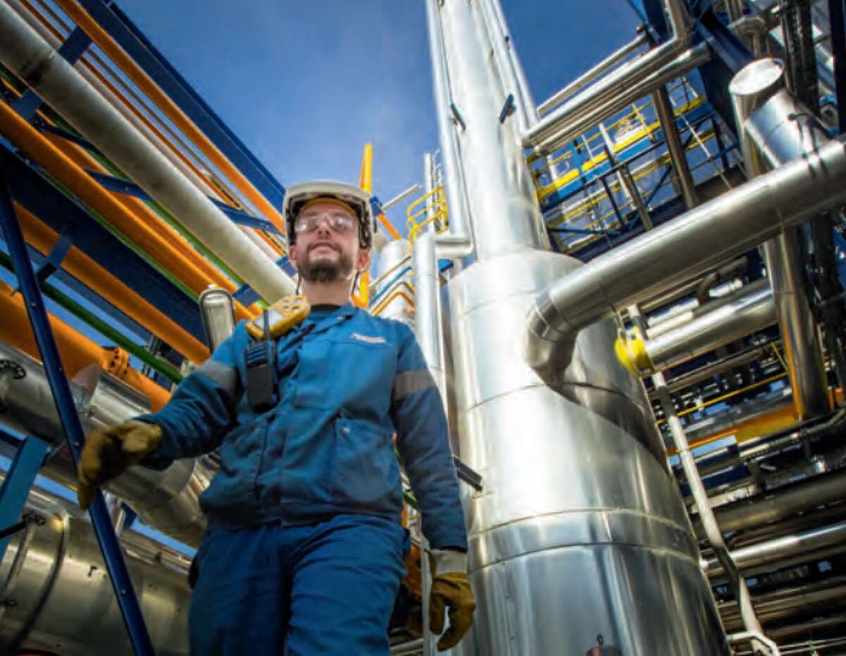 A worker walks through the Air Liquide hydrogren plant in Port-Jérôme, France. The company's Houston office has announced plans to build a $150 million liquid hydrogen plant in California.