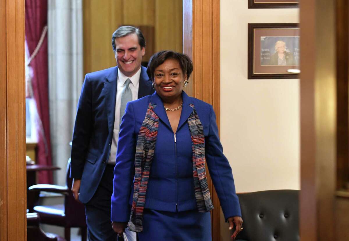 Senator Andrea Stewart-Cousins leaves the state Senate Democratic offices with Sen. Michael Gianaris, her new deputy, after being named as state Senate majority leader on Monday, Nov. 26, 2018, at the Capitol in Albany, N.Y. She is the first female majority leader in either house of the state legislature. (Will Waldron/Times Union)
