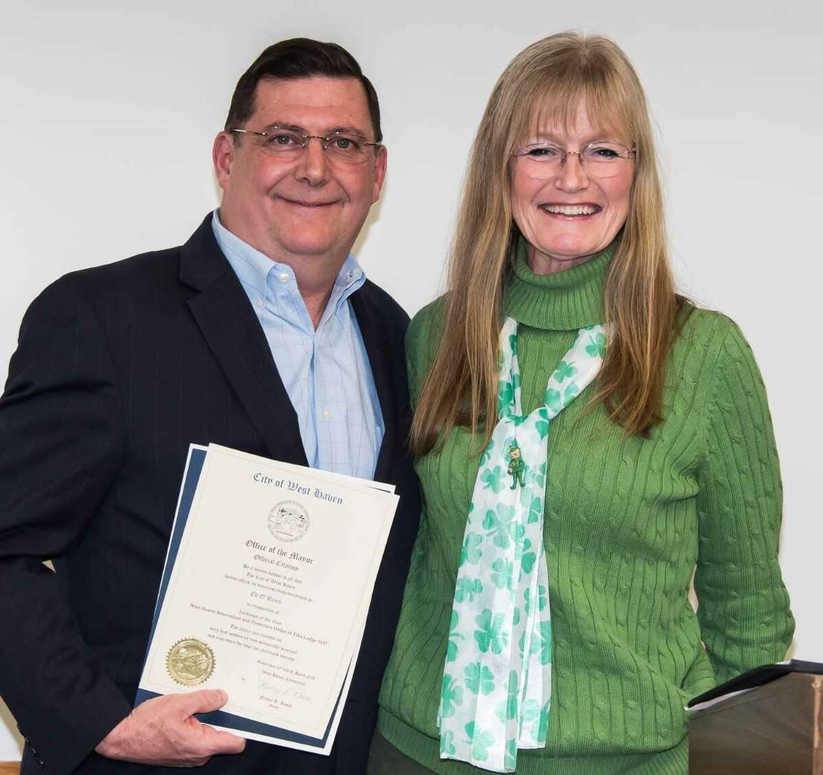 Former Mayor Ed O'Brien and current Mayor Nancy Rossi in a rare photograph together when O’Brien was honored on March 10, 2018 as the West Haven Elk's Lodge's "Irishman of the Year." As part of the ceremony, current Mayor Nancy Rossi presented O'Brien with a citation.