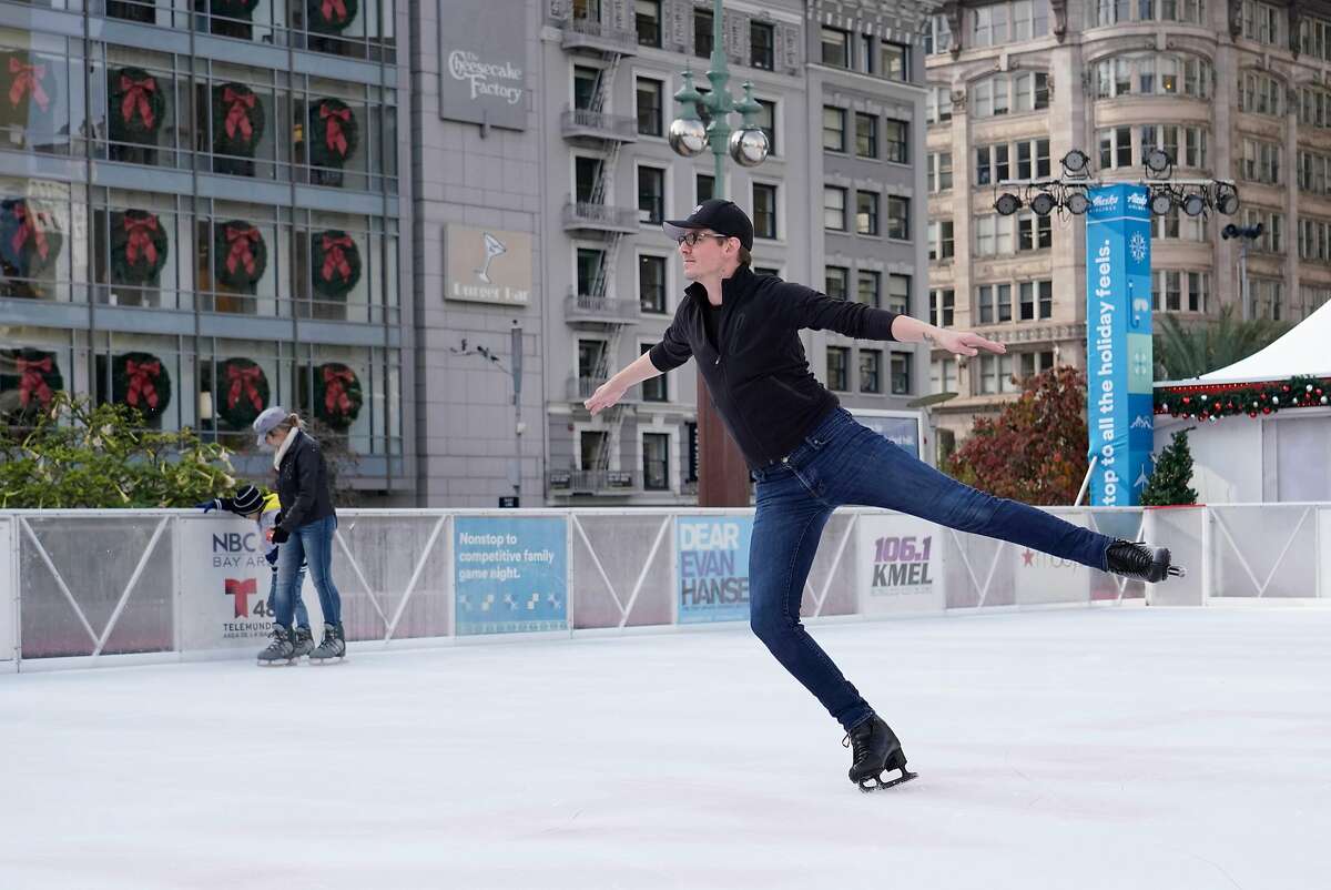 Ben Matthews, manager of ice skating rink in Civic Center Plaza, skates on the ice at the Union Square ice skating rink on Monday, November 26, 2018 in San Francisco, Calif. Matthews perfroms under the stage name Tara Lipsyncki.
