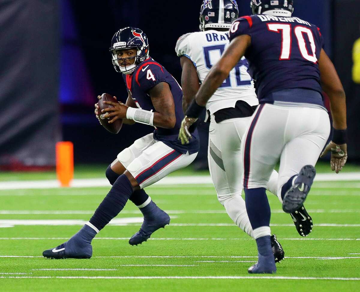 PHOTOS: Players from Houston high schools and Texas college drafted in 2019  Houston Texans quarterback Deshaun Watson (4) evades Tennessee Titans outside linebacker Brian Orakpo (98) during the first quarter of an NFL football game at NRG Stadium on Monday, Nov. 26, 2018, in Houston.  >>>A look at players who were taken in the 2019 NFL Draft that went to Houston high schools or Texas colleges ... 