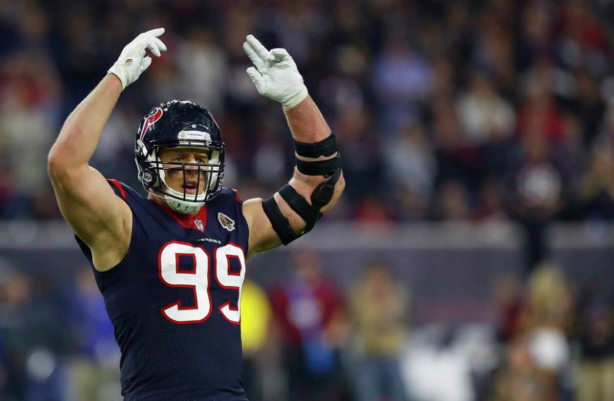 Houston Texans defensive end J.J. Watt (99) reacts during the first quarter of an NFL football game at NRG Stadium on Monday, Nov. 26, 2018, in Houston.