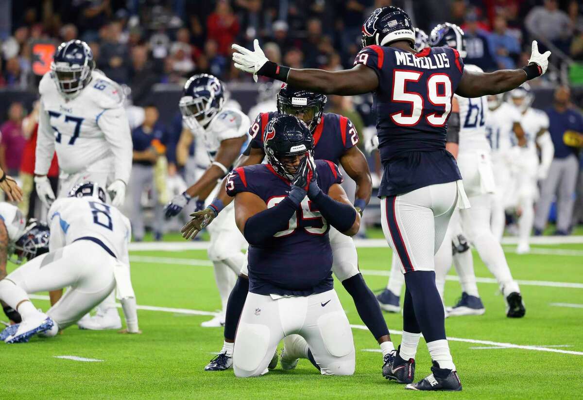 PHOTOS: Each Texans player's contract for 2019 Houston Texans defensive end Christian Covington (95) and outside linebacker Whitney Mercilus (59) celebrate Covington's sack of Tennessee Titans quarterback Marcus Mariota during the second quarter of an NFL football game at NRG Stadium, Monday, Nov. 26, 2018, in Houston.