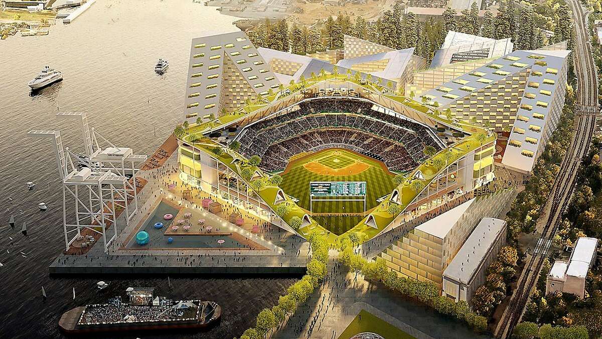 Ilustration of proposed new Oakland A's ballpark at Howard Terminal featuring a rooftop park.