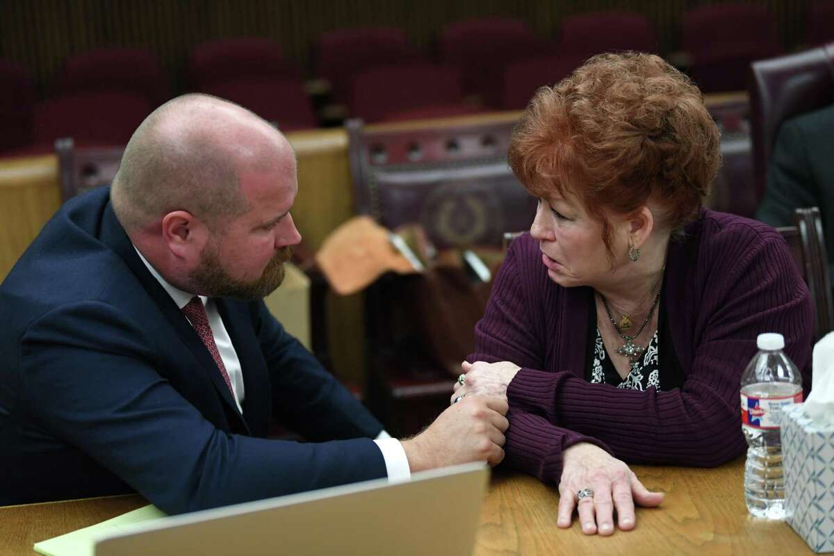Elizabeth Taylor talks Tuesday to her attorney Ryan Gertz during her trial for the shooting death of Larry Atwood in 2017. Photo taken Tuesday, 11/27/18