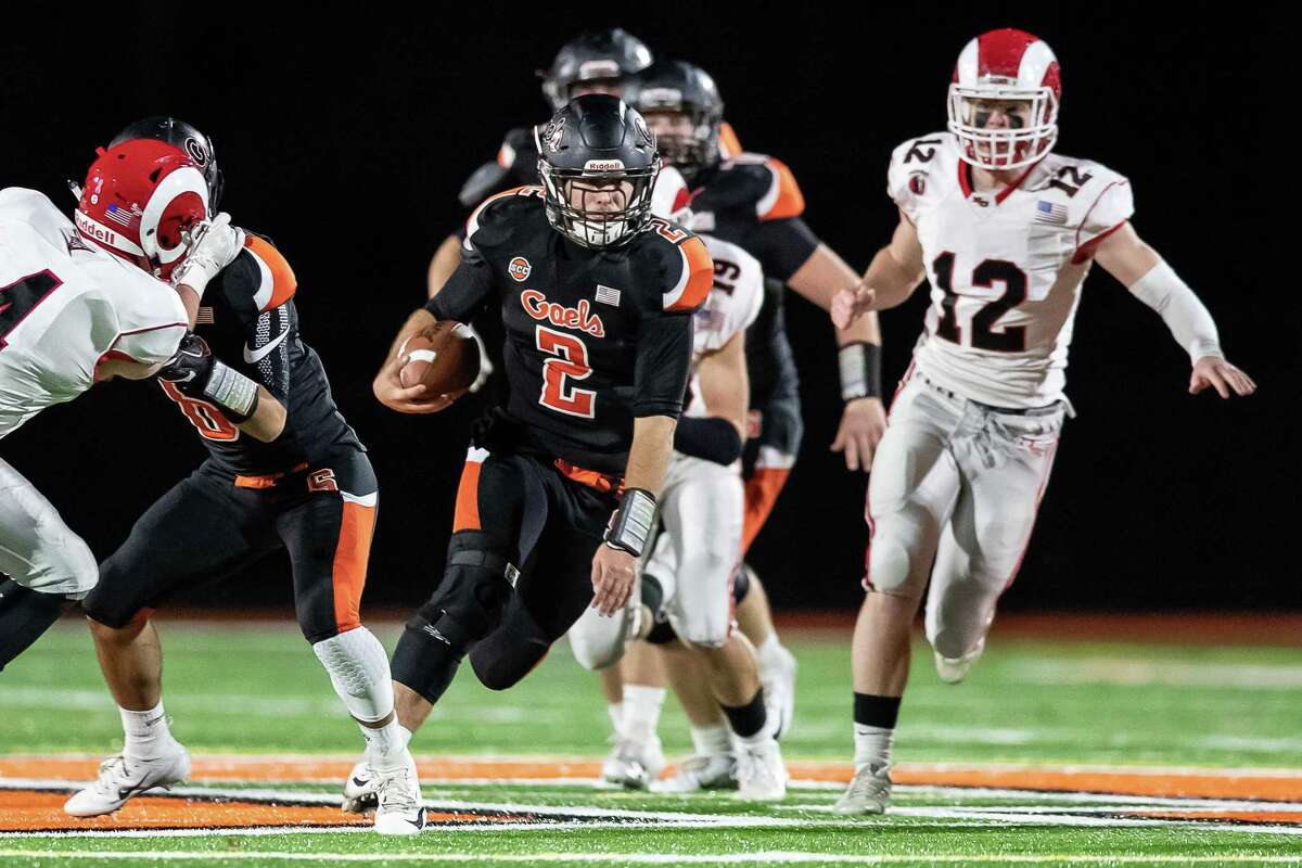 Jake Roberts (2) of Shelton High School runs the ball on a quarterback keeper during a game between New Canaan High School and Shelton High School on November 27, 2018 at Shelton High School in Shelton, CT.