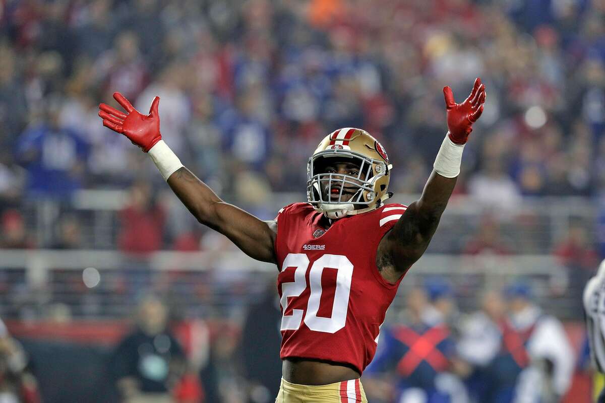 Jimmie Ward (20) reacts after a defensive stop on a run play toward the end zone in the first half as the San Francisco 49ers played the New York Giants at Levi's Stadium in Santa Clara, Calif., on Monday, November 12, 2018.