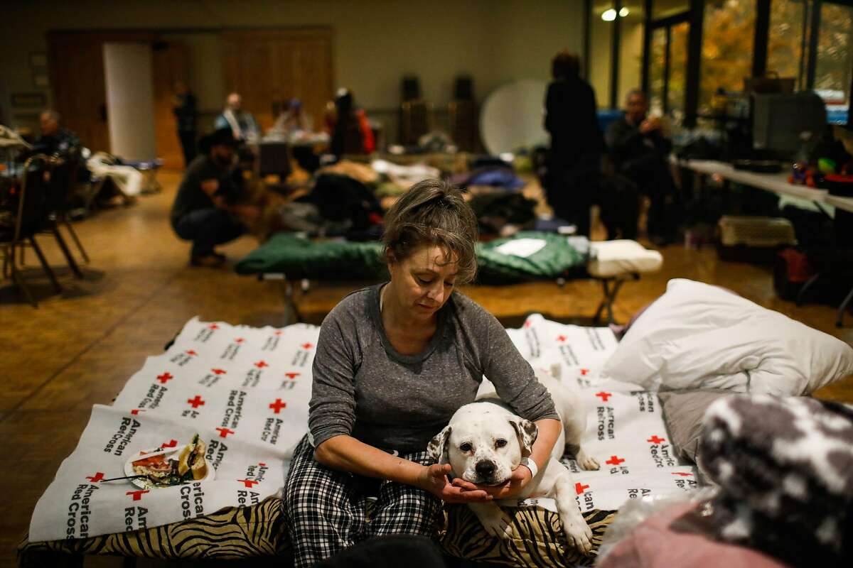 Camp Fire evacuee Christine Fitzsimmons, 50 takes a moment with her dog Sputnik at the Red Cross shelter in Chico, California, on Friday, Nov. 9, 2018.