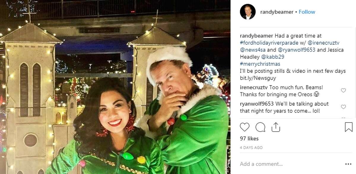 All is merry and bright as News 4 San Antonio 10 p.m. anchors Randy Beamer and Irene Cruz pose for pictures at the Ford Holiday River Parade.