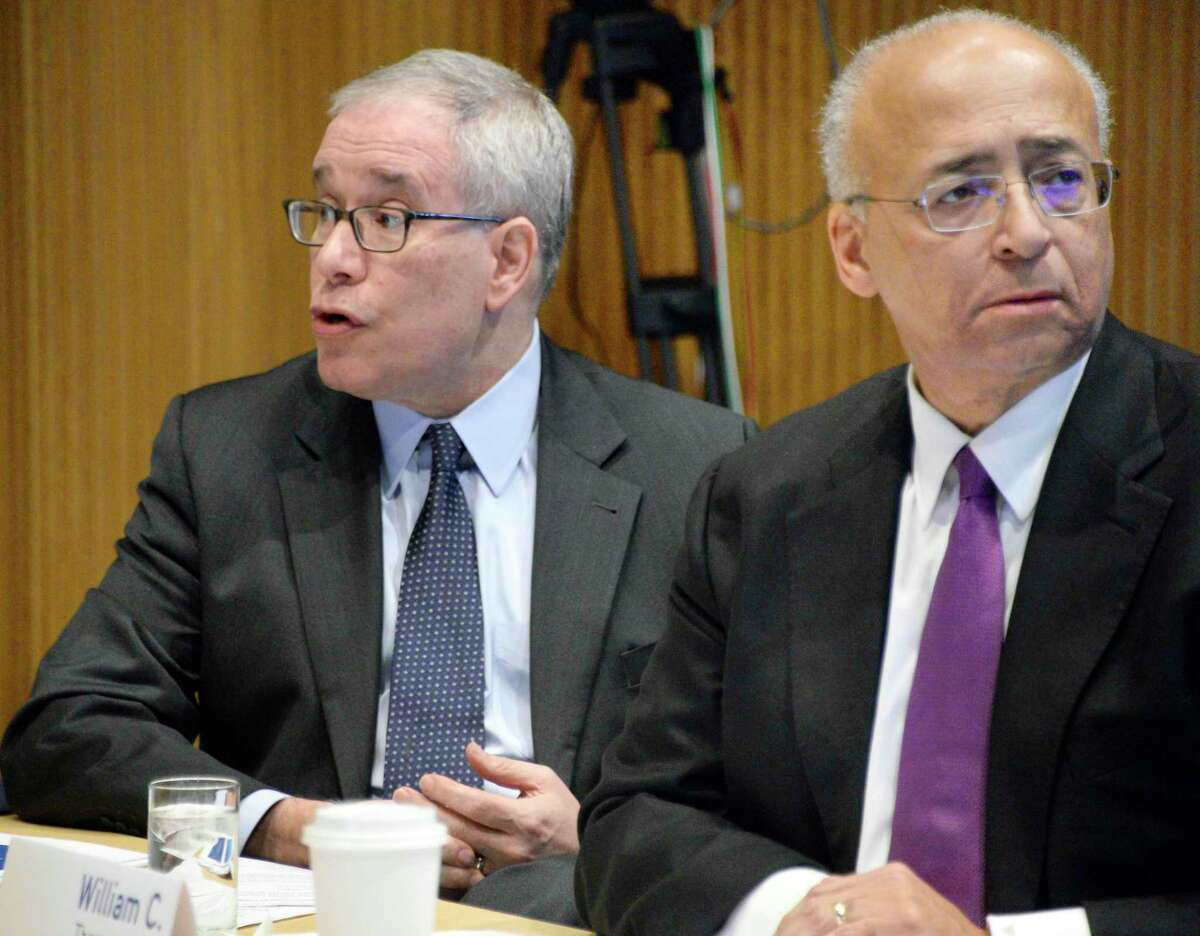 NYS Compensation Committee members Scott Stringer, left, and William Thompson, Jr. during a public hearing Wednesday Nov. 28, 2018 in Albany, NY. The committee is tasked with recommending raises for state legislators and other public officials. (John Carl D'Annibale/Times Union)