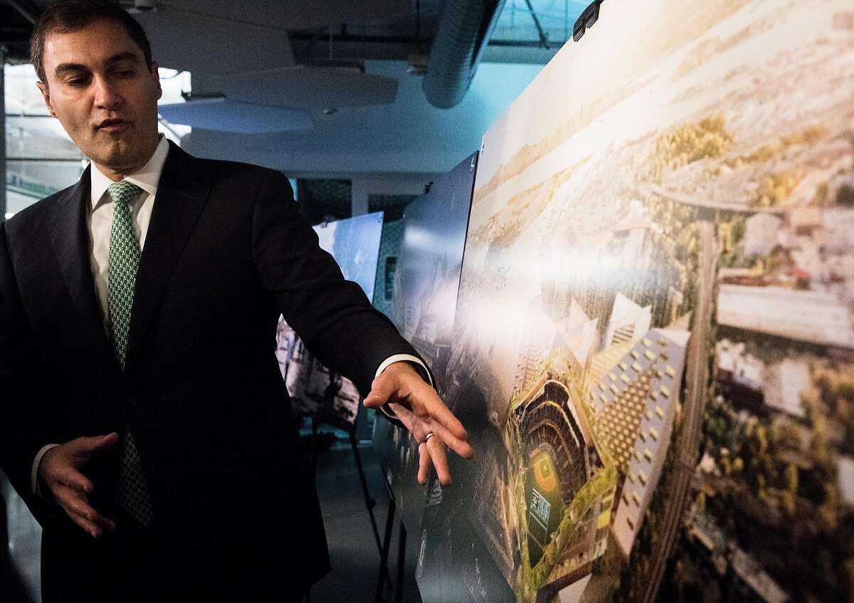 A's President Dave Kaval explains early plans to build a new ballpark at Howard Terminal following a press conference held at the A's corporate offices in Oakland, Calif. Wednesday, Nov. 28, 2018.