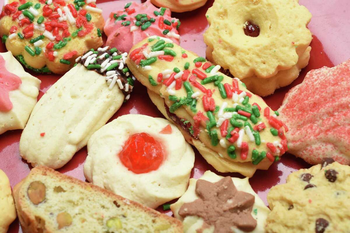 Plate of Italian cookies from Bella Napoli, a bakery known for its varied and colorful holiday cookie platters. 